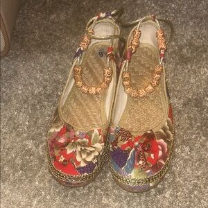 Floral Red Beaded Women's Flats with Gold Trim